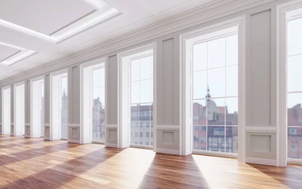 Classical Renovated Interior Classic Big Windows Wooden Floor Real Estate — Stock Photo, Image
