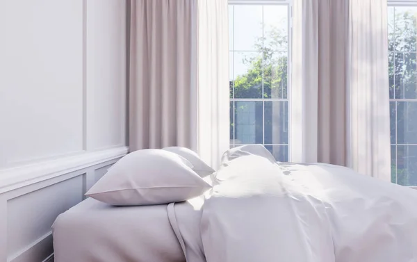 Zarif Bir Otel Apartman Odasında Beyaz Yataklı Bir Yatak Klasik — Stok fotoğraf