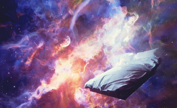 Sleeping and dreaming fantasy dreams. Bed immersed in abstract universe
