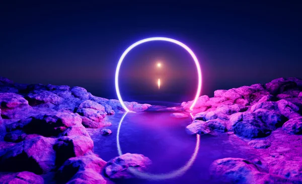 夜は岩や海のネオンサークルライト Sfの世界 3Dレンダリング — ストック写真