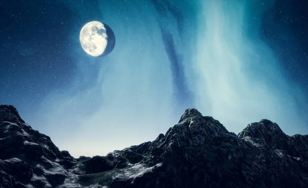 Montañas Paisaje Cielo Nocturno Con Luna Auroras Boreales Con Estrellas — Foto de Stock