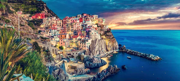 Manarola Cinque Terre Italien Panorama Vid Solnedgången Populära Turistmål Liguriens — Stockfoto