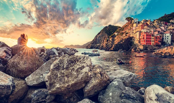 Riomaggiore Cinque Terre Italia Atardecer Destino Turístico Popular Costa Liguria — Foto de Stock