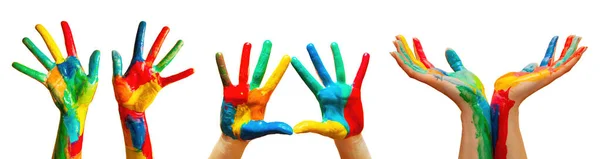 Işaretleri Koleksiyonunda Renkli Boyayla Boyanmış Eller Beyaz Arka Planda — Stok fotoğraf