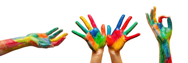 Ręce Malowane Kolorowymi Farbami Kolekcji Gestów Ustawione Białym Tle — Zdjęcie stockowe