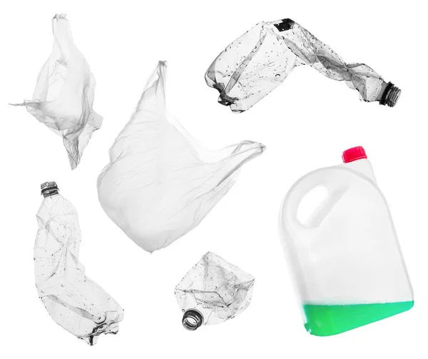 Conjunto Residuos Plásticos Paquetes Basura Como Botellas Bolsas Contenedores Aislado — Foto de Stock