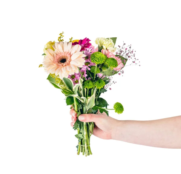 Λουλούδια Μπουκέτο Στο Χέρι Δίνοντας Χειρονομία Απομονώνονται Διαφανές Λευκό Φόντο — Φωτογραφία Αρχείου