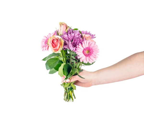 Blommor Bukett Handen För Att Gest Isolerad Transparent Vit Bakgrund — Stockfoto