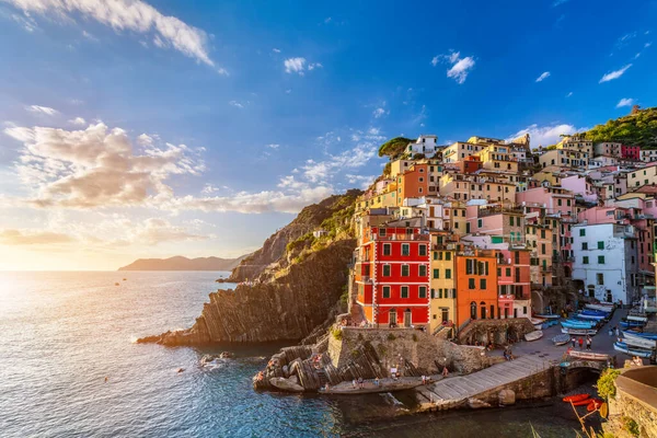 Riomaggiore Cinque Terre Italia Atardecer Destino Turístico Popular Costa Liguria — Foto de Stock