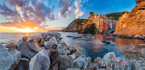 Riomaggiore Cinque Terre Italia Panorama Atardecer Destino Turístico Popular Costa — Foto de Stock