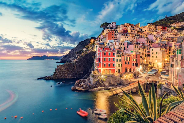 Riomaggiore Cinque Terre Italia Por Noche Destino Turístico Popular Costa — Foto de Stock