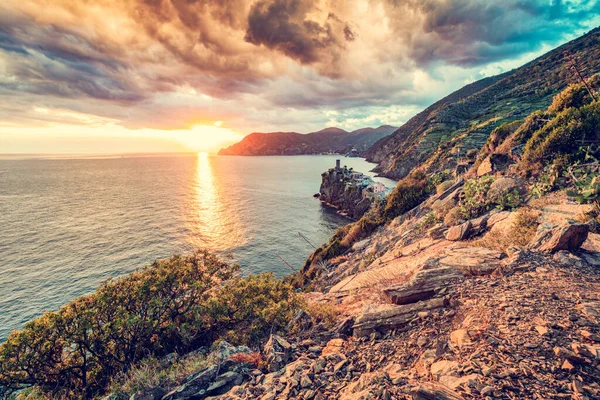 Vernazza Cinque Terre Italy Sunset Popular Tourist Destination Liguria Coast — Stock Photo, Image