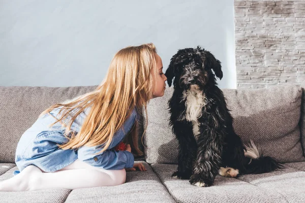 Jong Meisje Met Haar Hond Vriend Die Thuis Speelt Vriendschap — Stockfoto