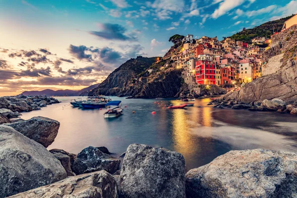 Riomaggiore Cinque Terre Italien Vid Solnedgången Populära Turistmål Liguriens Kust — Stockfoto