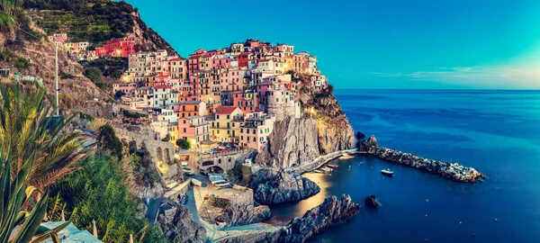 Manarola Cinque Terre Italy Panorama Night Popular Tourist Destination Liguria — Stock Photo, Image