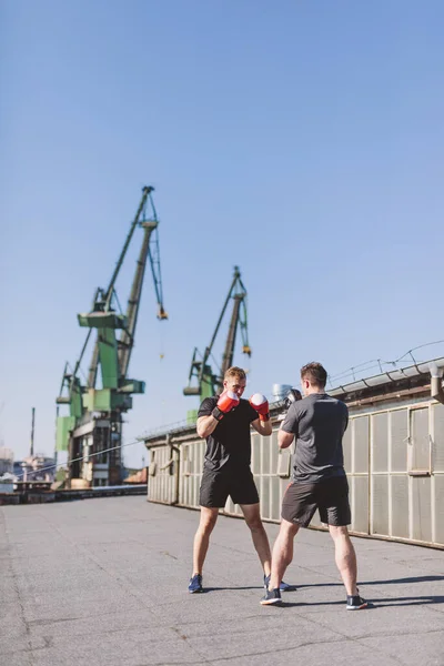 Två Män Gör Boxning Utbildning Taket Byggnaden Industriområdet Staden Sparring — Stockfoto