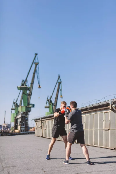Dois Homens Fazem Treinamento Boxe Telhado Edifício Área Industrial Cidade — Fotografia de Stock