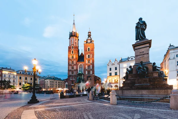 Cracow Poland Old Town Mary Basilica Adam Mickiewicz Monument Evening — Stock Photo, Image