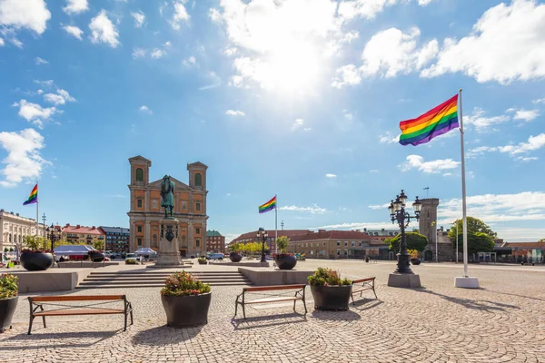 Kota Tua Karlskrona Swedia Dengan Patung Karl Dan Gereja Fredrik — Stok Foto