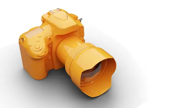 ズームレンズ付きの明るい黄色のプロフェッショナルDslrカメラ ストック画像