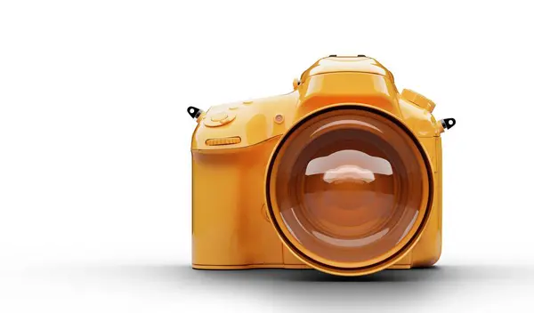 Caméra Dslr Jaune Vibrante Vue Face Avec Grand Objectif Images De Stock Libres De Droits