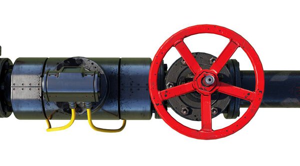 Side View Industrial Pipeline Red Wheel Valves Isolated White Background Stock Photo