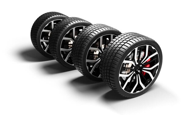 Stack Four Performance Car Wheels White Background Stock Photo
