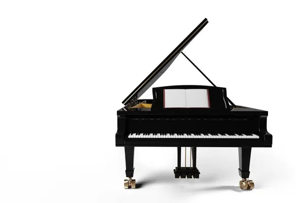 白い背景に開いたふたが付いている古典的な黒いグランドピアノ ストックフォト