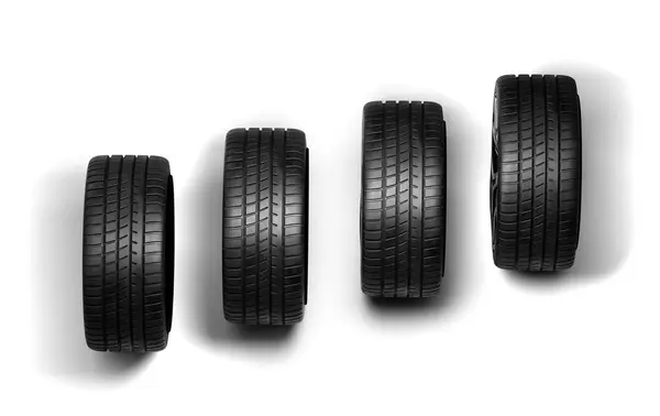 Four Black Car Tires Row White Background Foto Stock Royalty Free