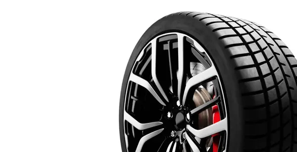 Car Wheel Sleek Black Spokes Red Caliper Isolated Stock Picture