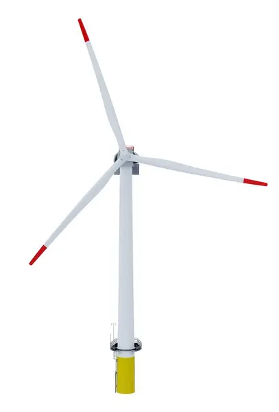 ブレードの赤いヒントを持つ現代白い風力タービン ストック画像
