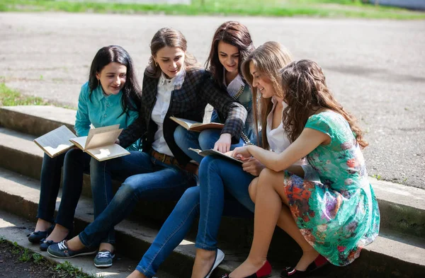 Üniversitenin Bahçesinde Elinde Kitaplarla Oturan Bir Grup Kız Öğrenci — Stok fotoğraf