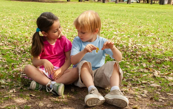 小さな子供たちは公園の草の上に座っている — ストック写真