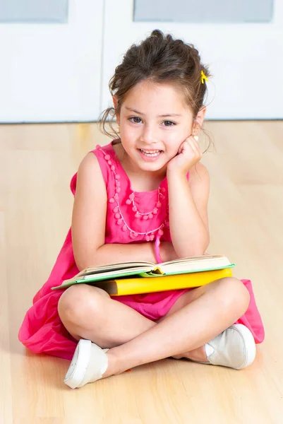 Girl Books Sitting Floor Kindergarten — Stock Photo, Image