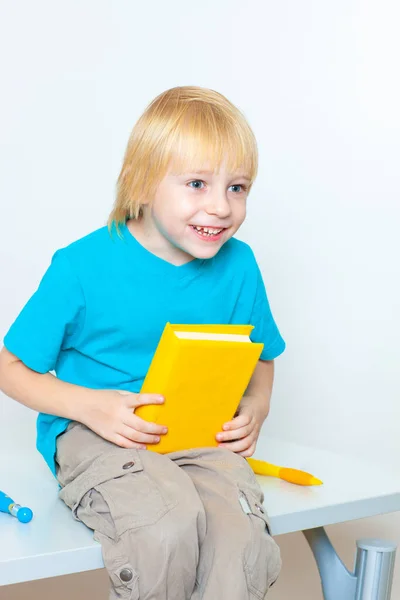 Malý Chlapec Knihou Světlém Pozadí — Stock fotografie