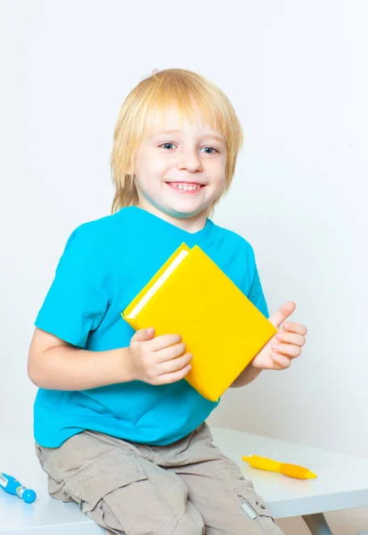 Liten Pojke Med Bok Ljus Bakgrund — Stockfoto