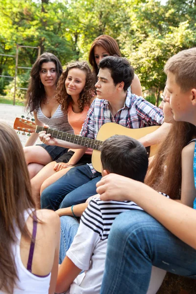 Bir grup genç, bir gitarla parkta dinleniyor.