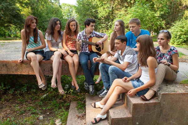 Groupe Jeunes Relaxant Dans Parc Avec Une Guitare — Photo