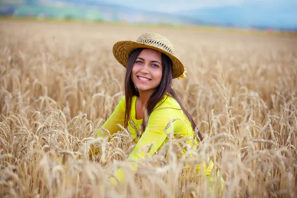 Young Girl Hat Wheat Field Stock Picture