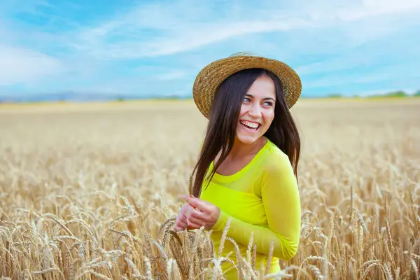 Young Girl Hat Wheat Field Stock Image