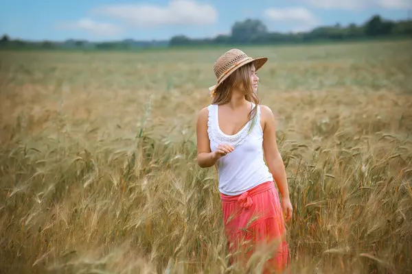 Happy Girl Wheat Field Stock Photo