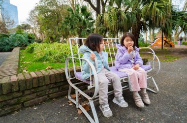 Parkta bir bankta oturan iki genç kız. Biri abur cubur yiyor.