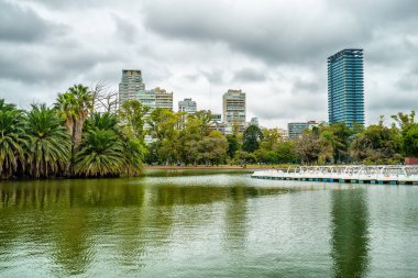Ortasında yeşil bir ada olan bir su kütlesi. Suyu çevreleyen birkaç ağaç var.