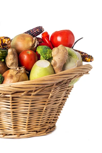 Assorted Organic Vegetables Fruits Wicker Basket Isolated White Background Space — Stock Photo, Image