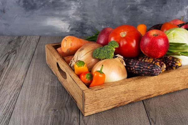 Fresh Fruits Vegetables Wooden Box New Harvest Autumn Time — Stock Photo, Image