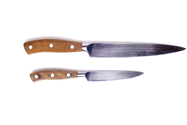 Två Köksknivar Med Trähandtag Vit Bakgrund — Stockfoto