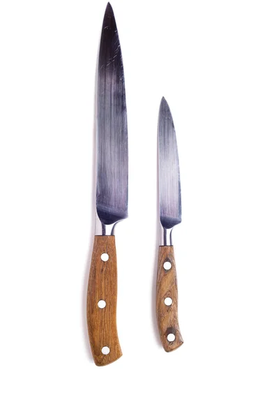 Dwa Noże Kuchenne Drewnianą Rączką Białym Tle — Zdjęcie stockowe