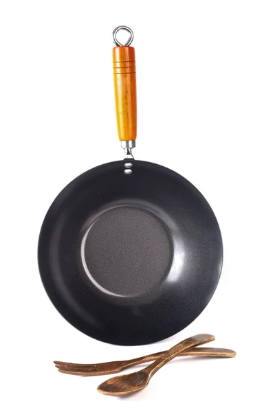 Grote Zwarte Wok Voor Koken Met Houten Handvat Met Lepel — Stockfoto