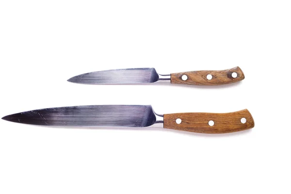 Två Köksknivar Med Trähandtag Vit Bakgrund — Stockfoto