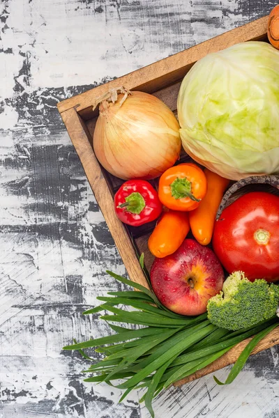 Vegetables Fruits Wooden Box New Autumn Harvest Space Text — Stock Photo, Image